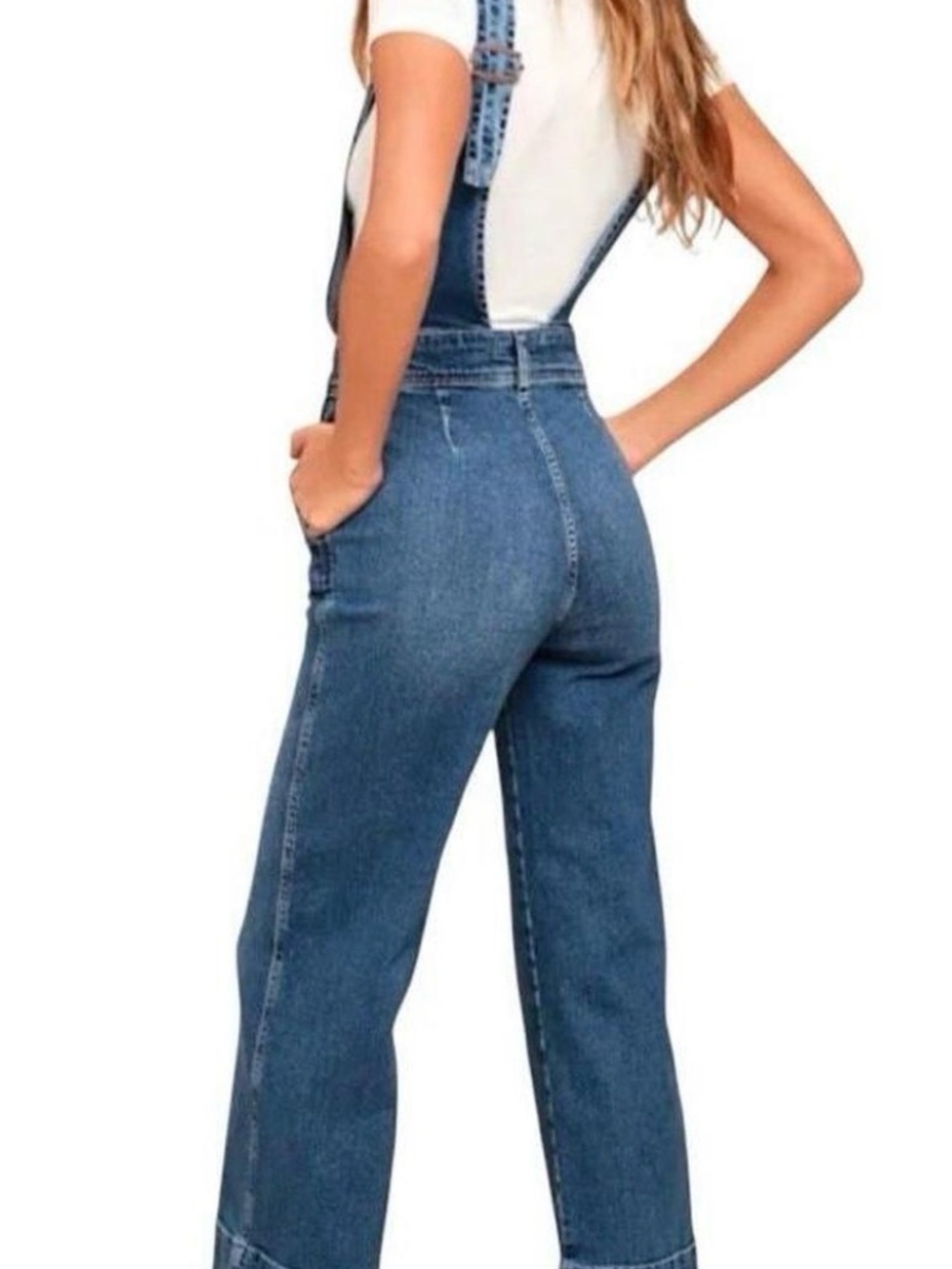 Free People Classic Blue Denim Overalls wide leg size 12